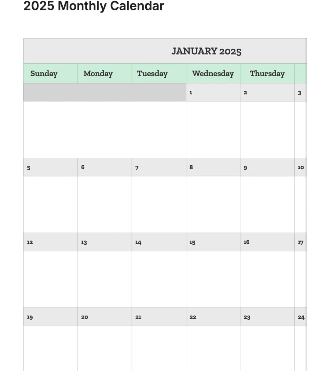 Preview of the template titled 2025 Monthly Calendar, featuring various sections and text