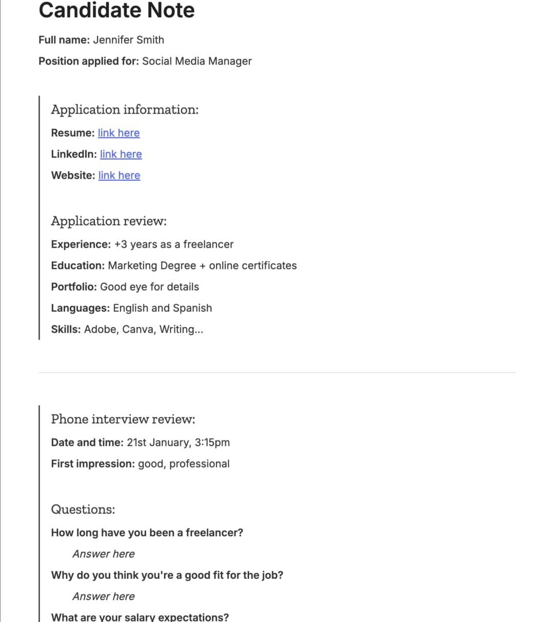 Preview of the template titled Candidate Note, featuring various sections and text