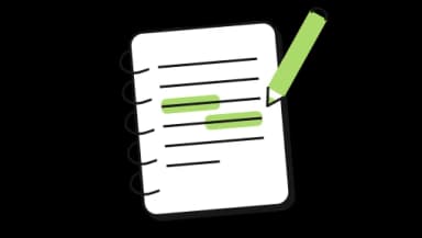 Icon of a notebook with a green pen, representing class notes.