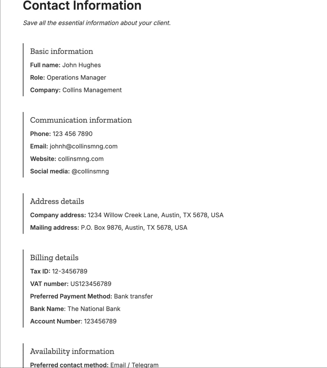 Preview of the template titled Contact Information, featuring various sections and text