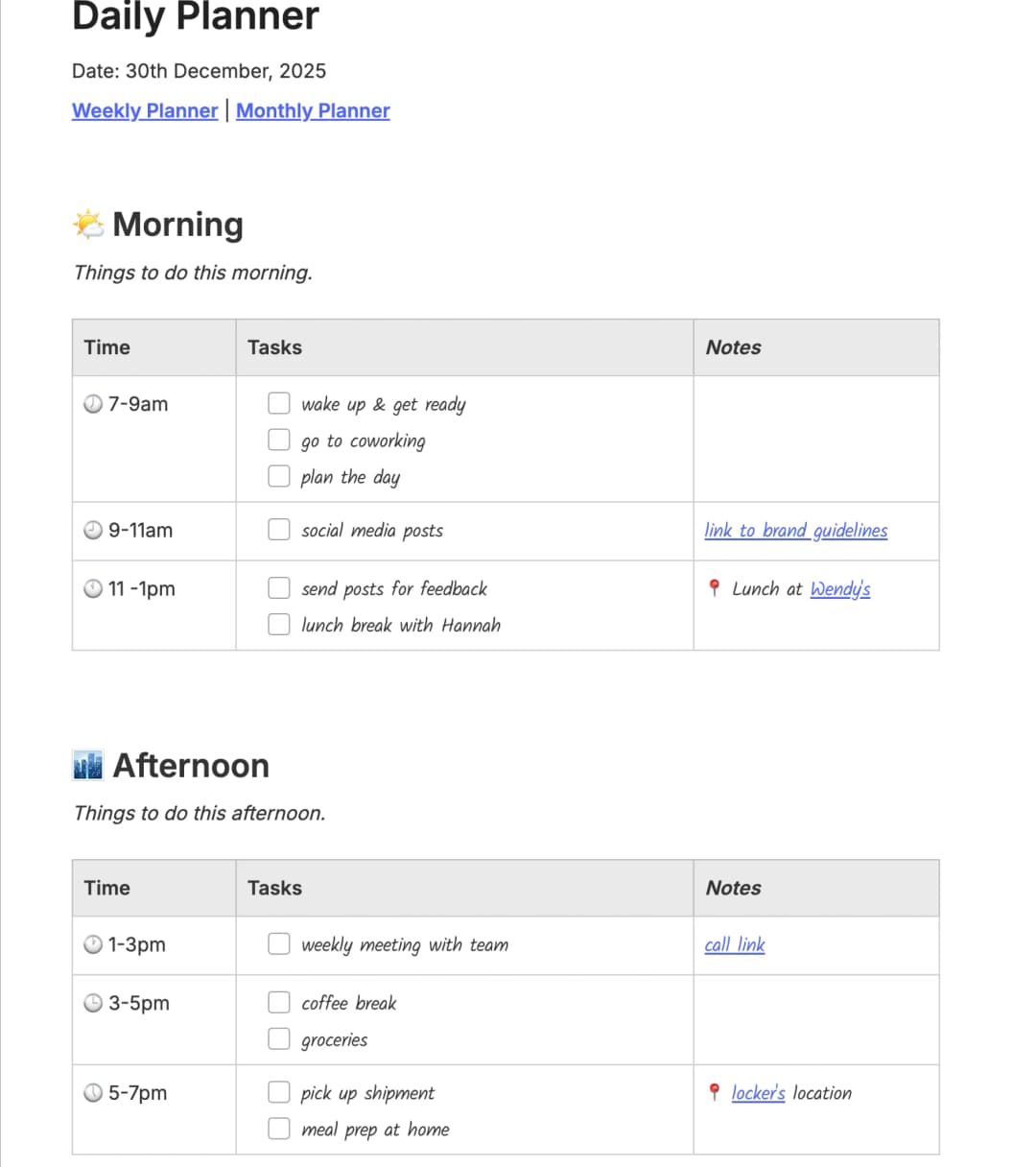 Preview of the template titled Daily Planner, featuring various sections and text