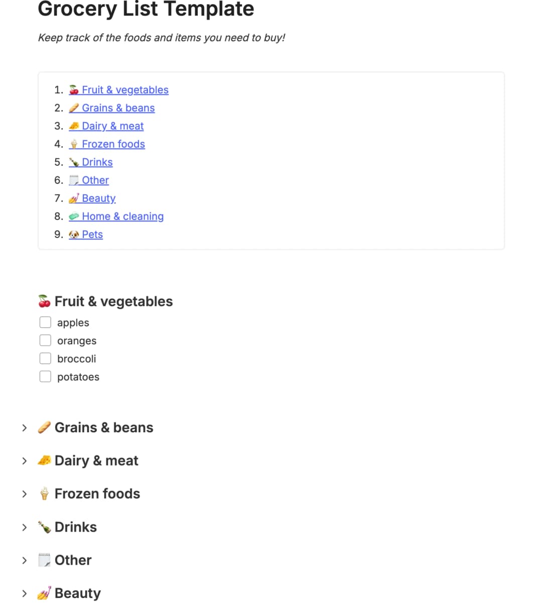 Preview of the template titled Grocery List, featuring various sections and text