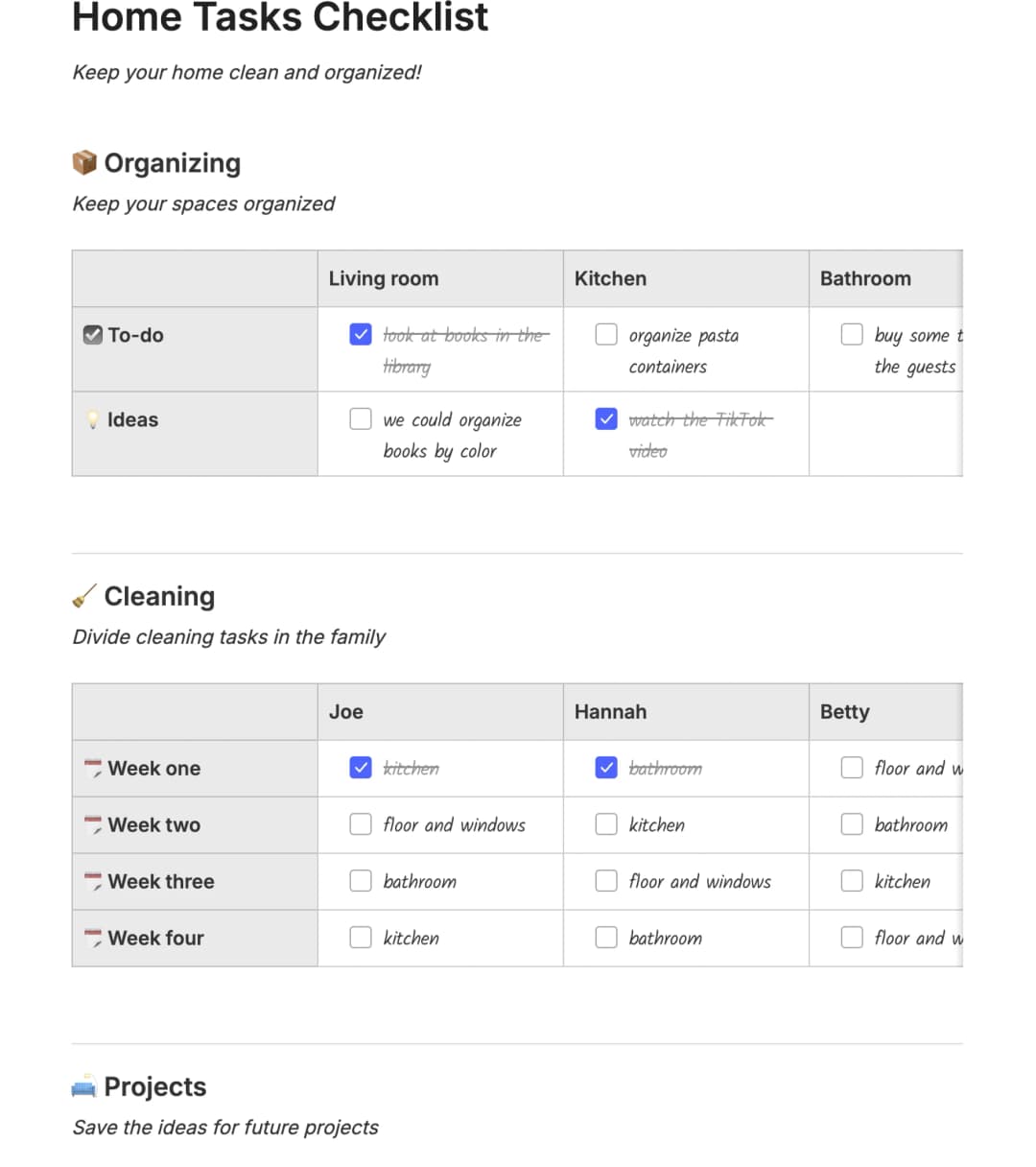 Preview of the template titled Home Tasks Checklist, featuring various sections and text