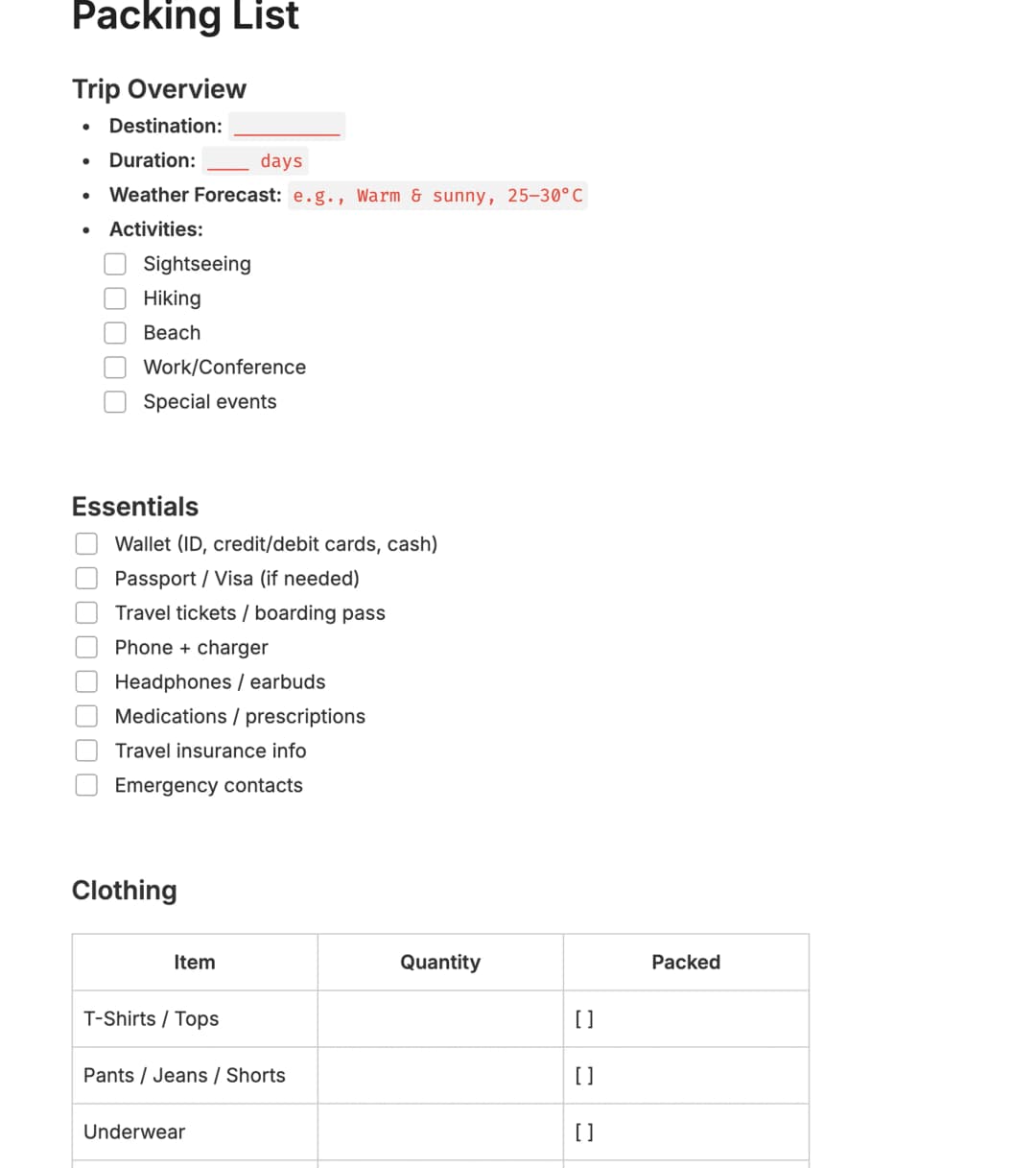 Preview of the template titled Packing List, featuring various sections and text