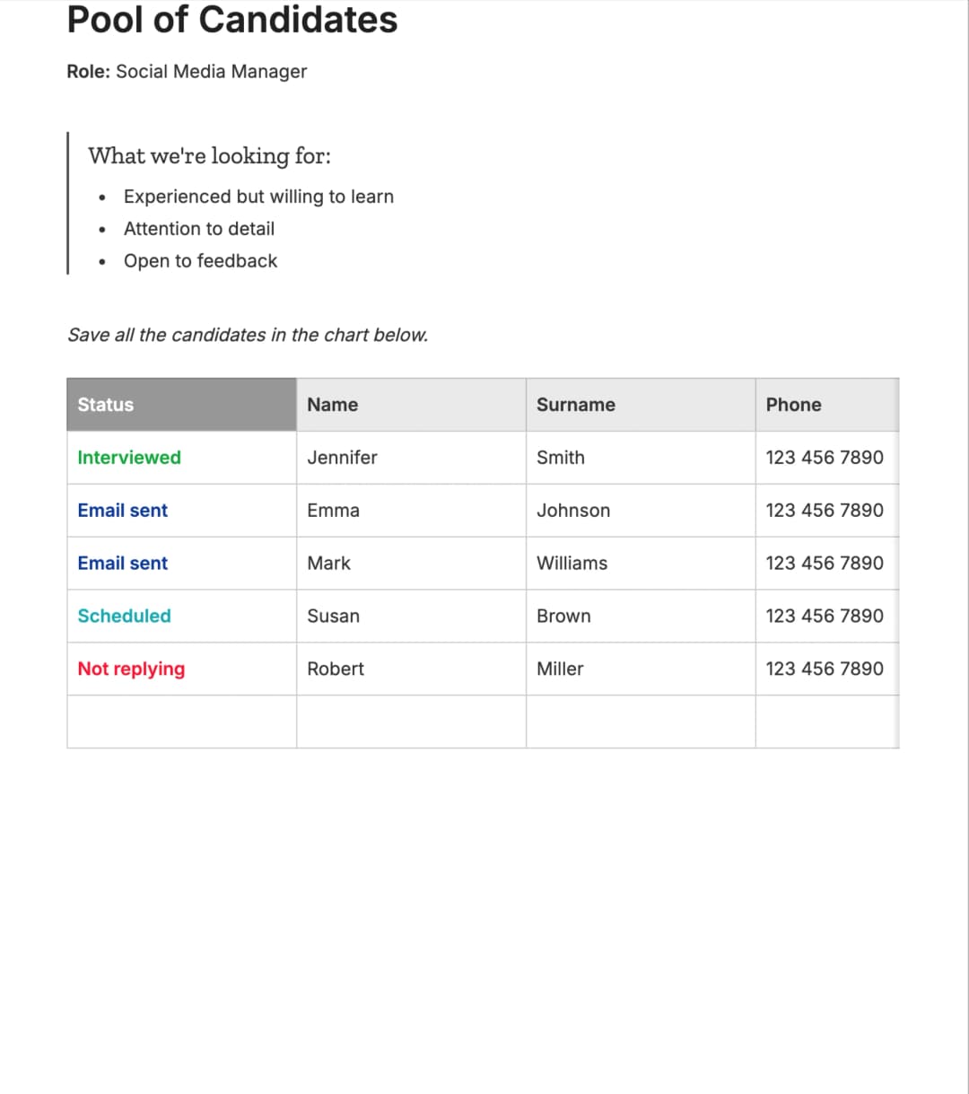 Preview of the template titled Pool of Candidates, featuring various sections and text