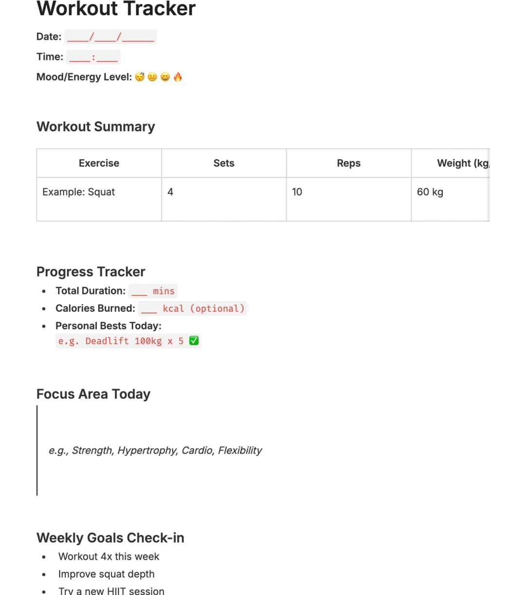 Preview of the template titled Workout Tracker, featuring various sections and text