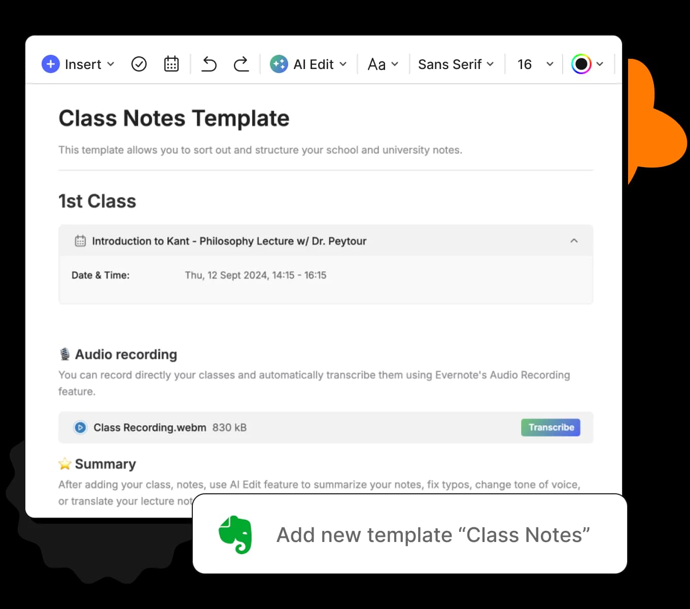 A UI rappresentation of classnotes-template