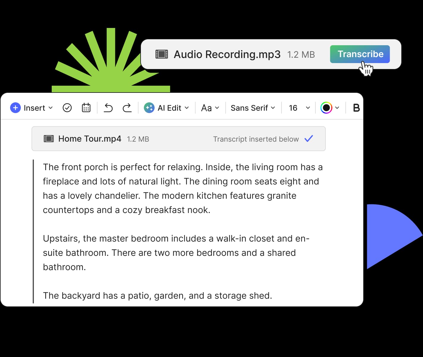 A UI rappresentation of voice-transcript