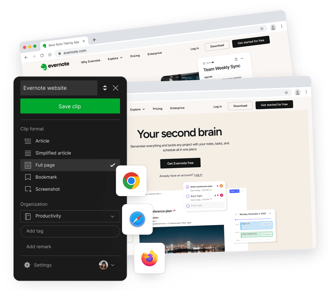 Official Evernote Web Clipper screenshot showing article, simplified article, full page, bookmark, and screenshot capture modes.