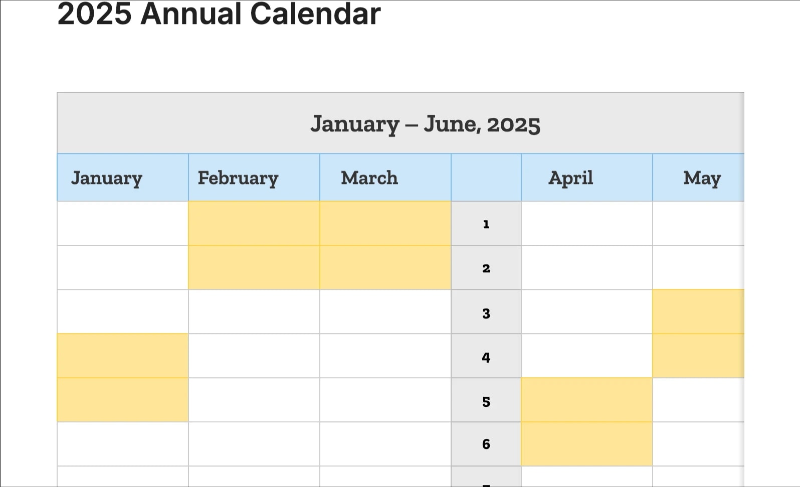 Preview of the template titled 2025 Annual Calendar, featuring various sections and text