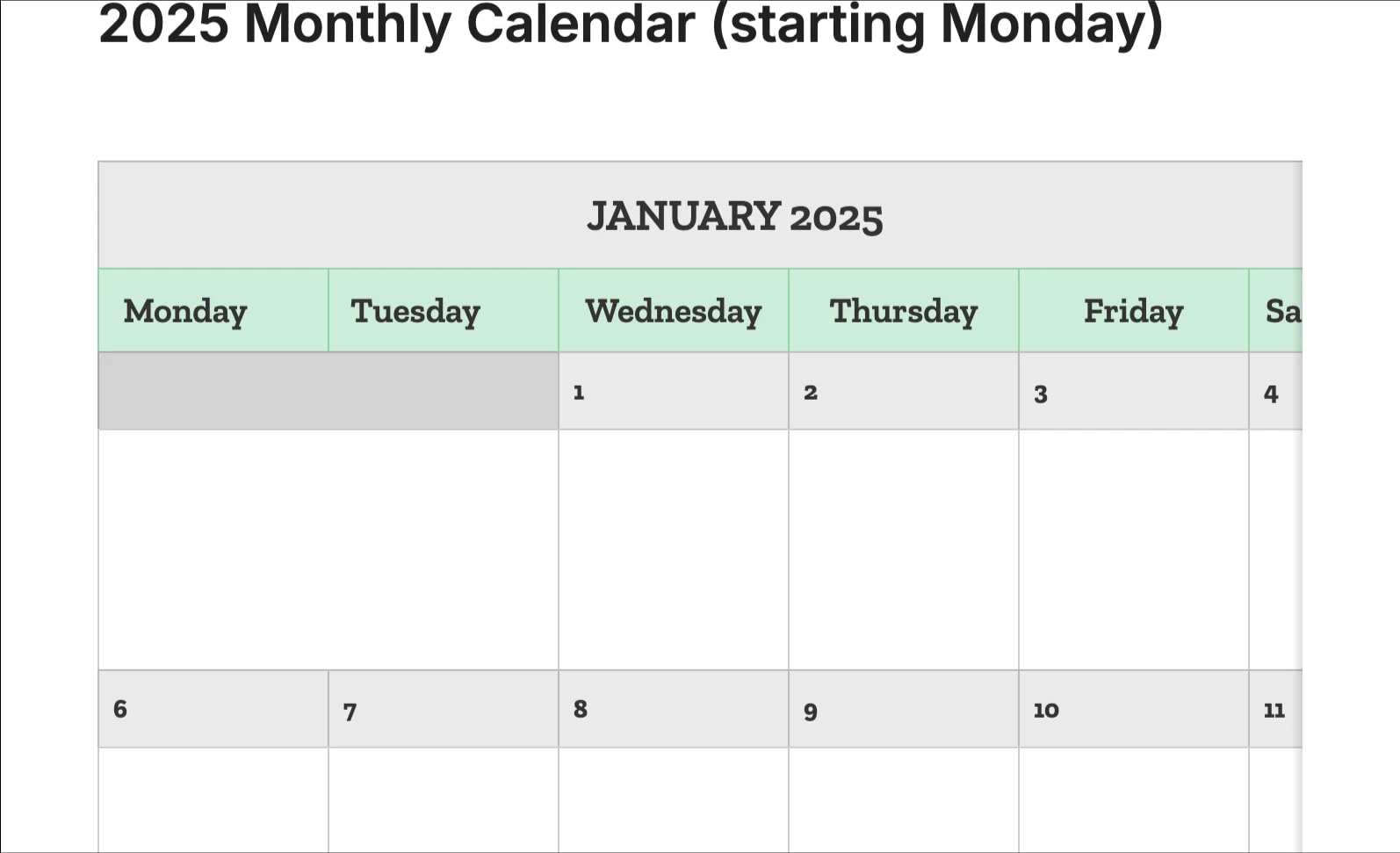 Preview of the template titled 2025 Monthly Calendar (starting Monday), featuring various sections and text