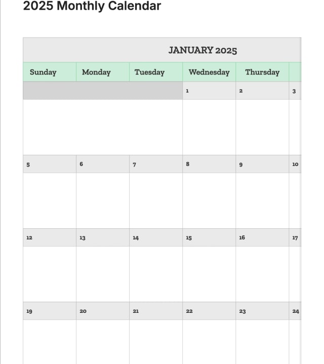 Preview of the template titled 2025 Monthly Calendar, featuring various sections and text