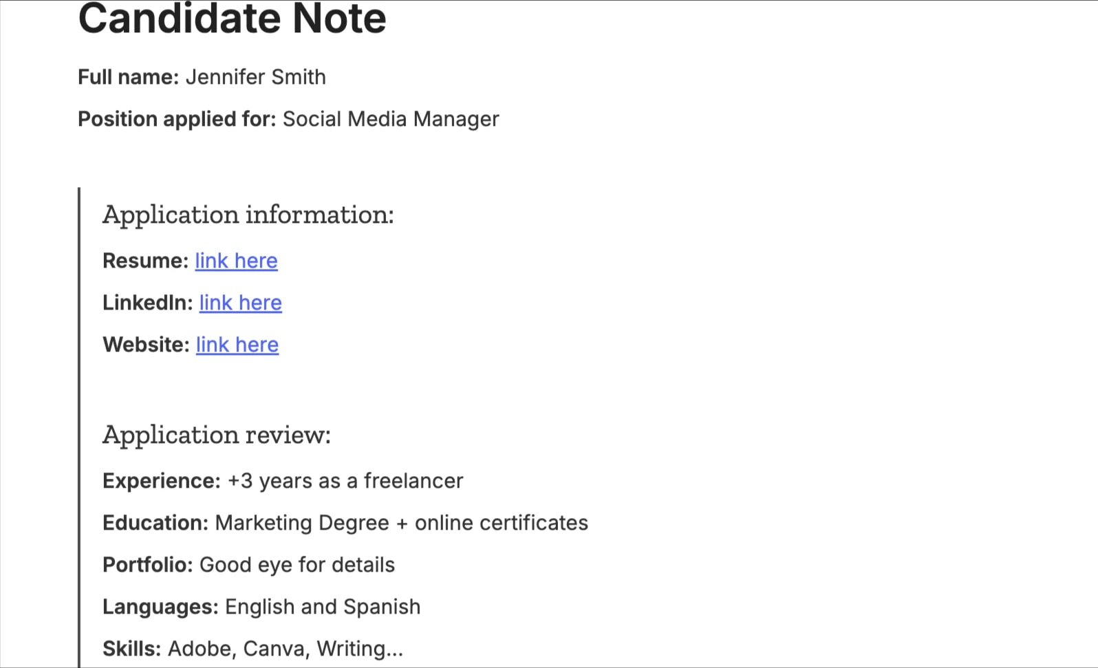 Preview of the template titled Candidate Note, featuring various sections and text