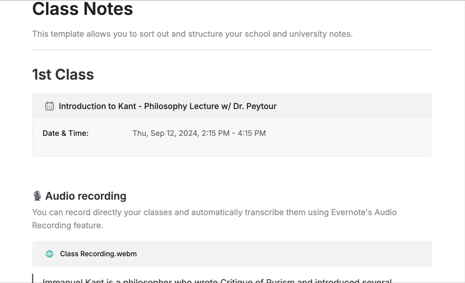 Preview of the template titled Class Notes, featuring various sections and text