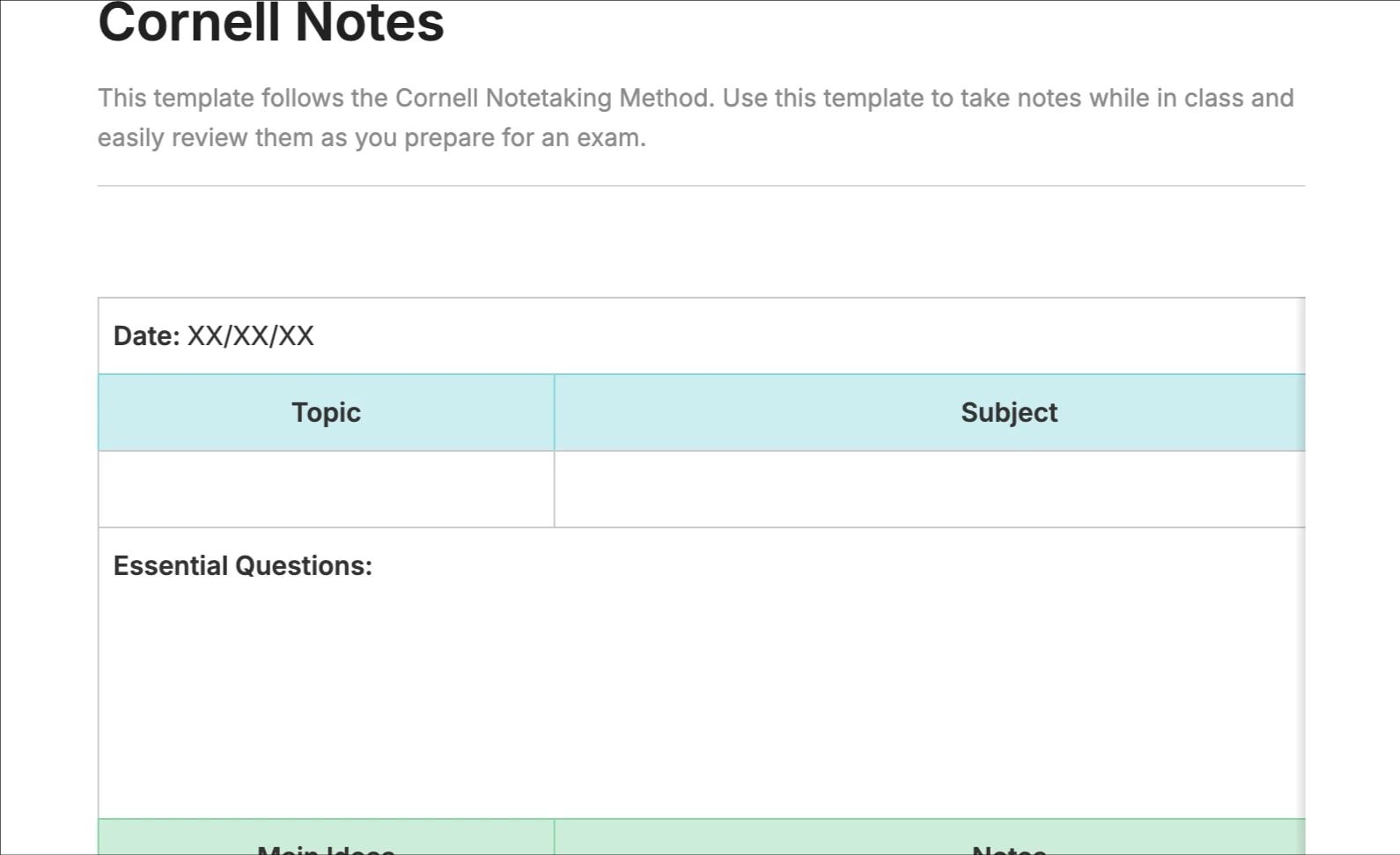 Preview of the template titled Cornell Notes, featuring various sections and text