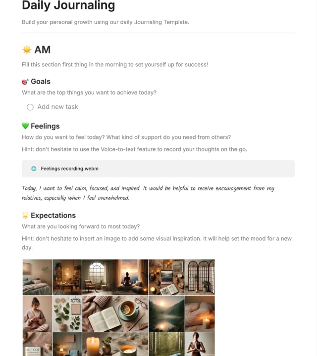 Preview of the template titled Daily Journaling, featuring various sections and text