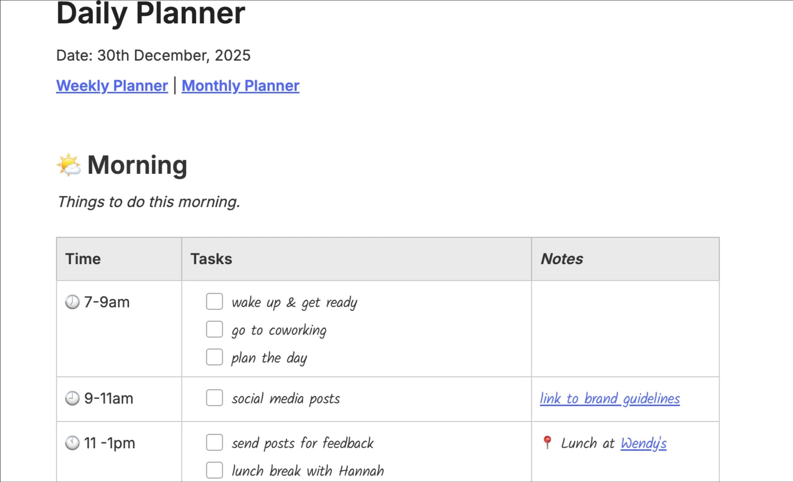 Preview of the template titled Tagesplaner, featuring various sections and text