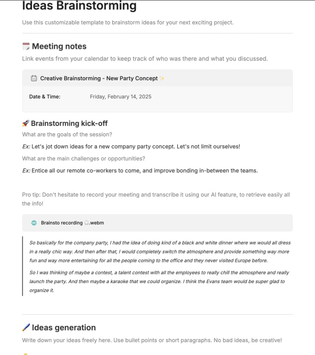 Preview of the template titled Ideas Brainstorming, featuring various sections and text