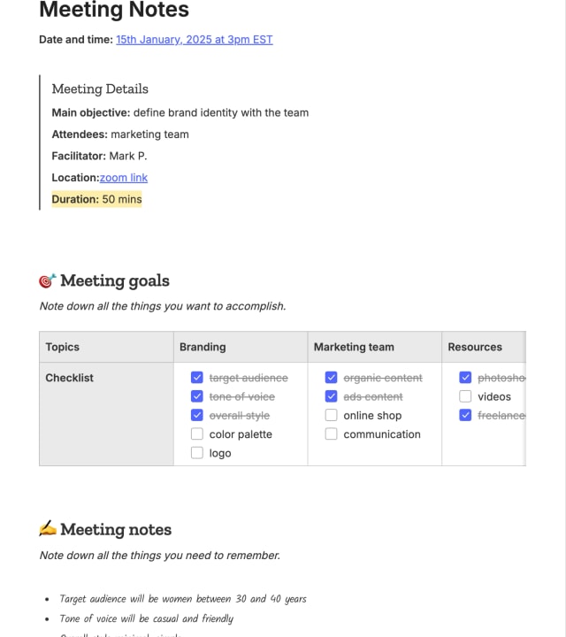 Preview of the template titled 회의 노트, featuring various sections and text