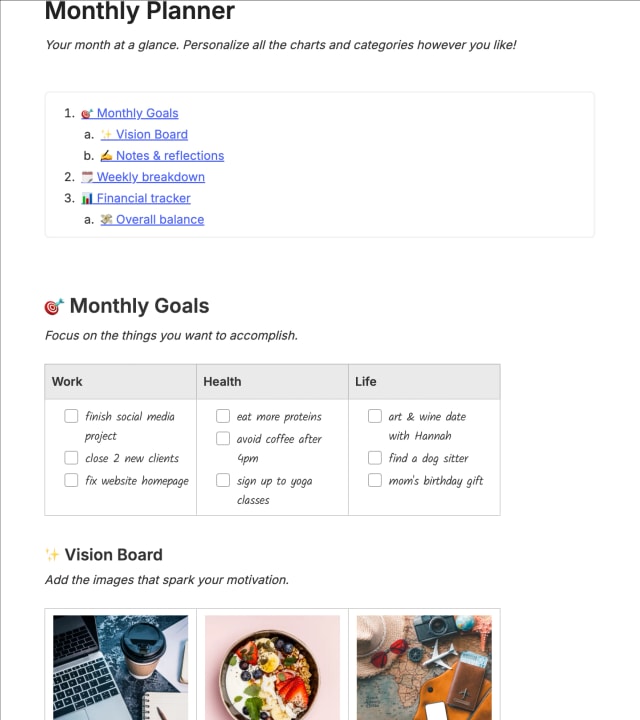 Preview of the template titled Monthly Planner, featuring various sections and text