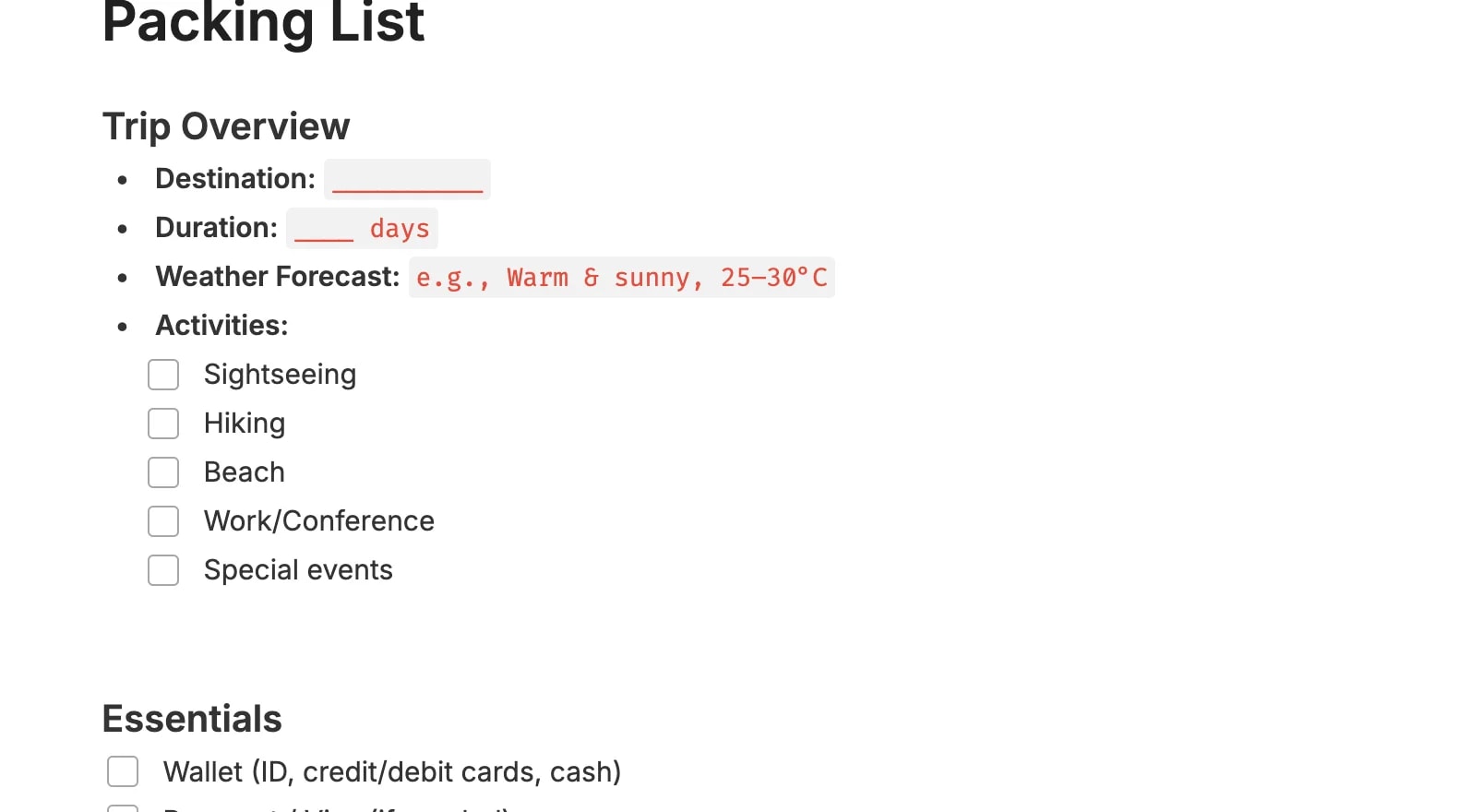 Preview of the template titled Lista da Viaggio, featuring various sections and text