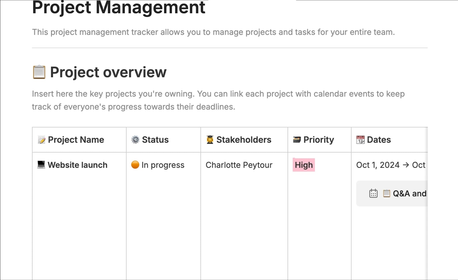 Preview of the template titled Project Management, featuring various sections and text
