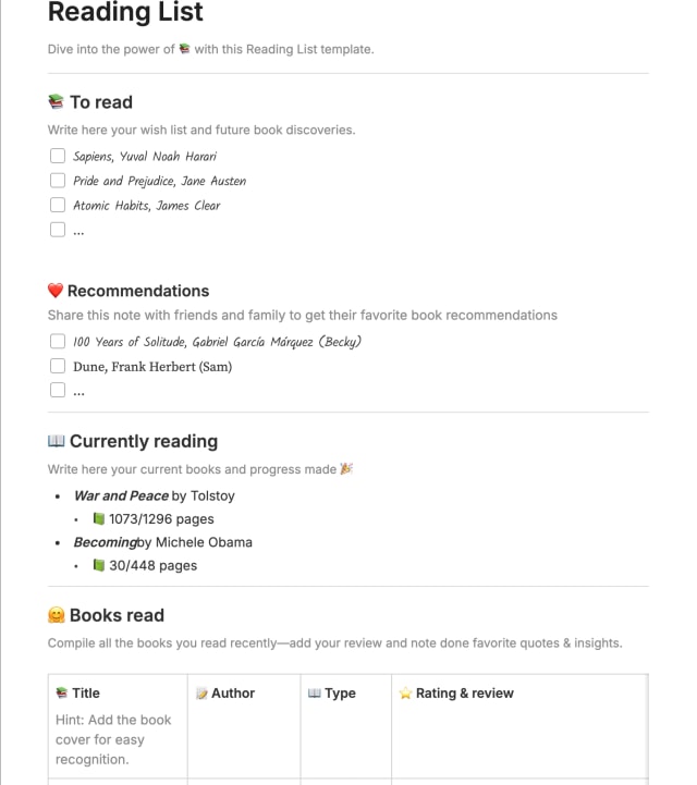Preview of the template titled Leseliste, featuring various sections and text