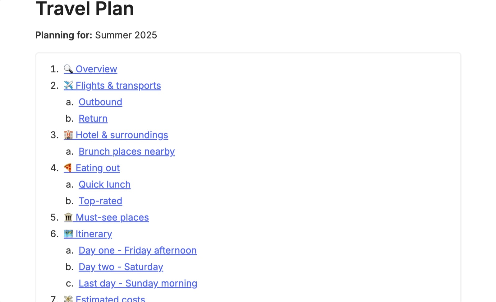 Preview of the template titled Reiseplan, featuring various sections and text