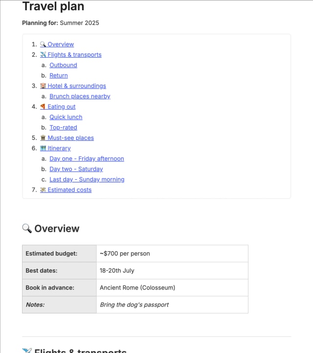 Preview of the template titled Reiseplan, featuring various sections and text