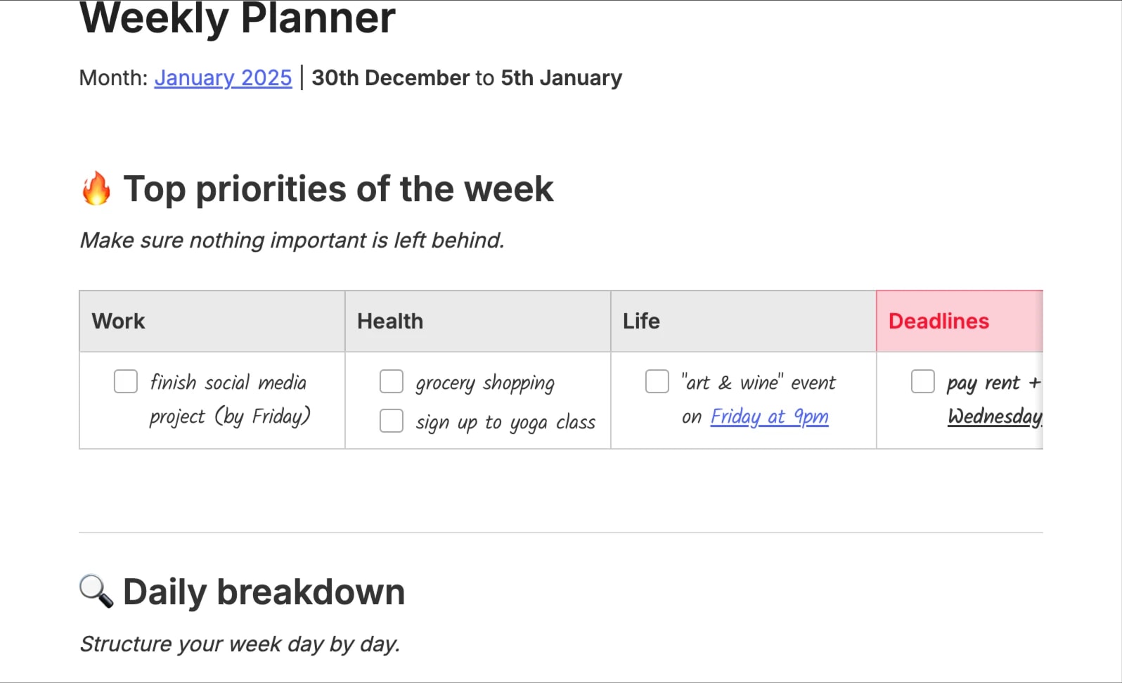 Preview of the template titled Weekly Planner, featuring various sections and text