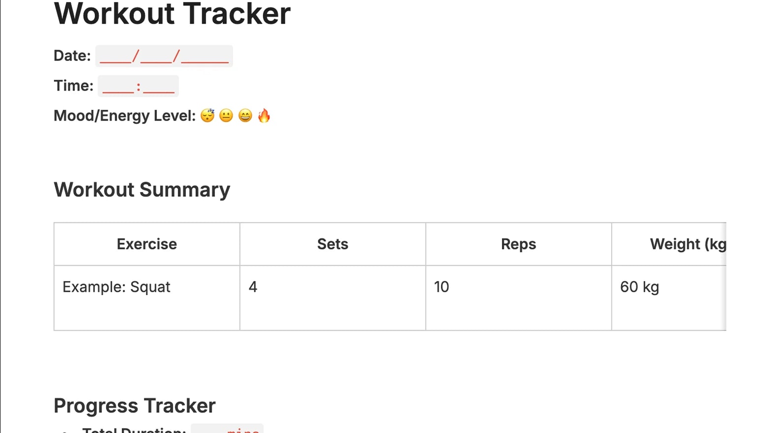 Preview of the template titled Tracker Allenamento, featuring various sections and text