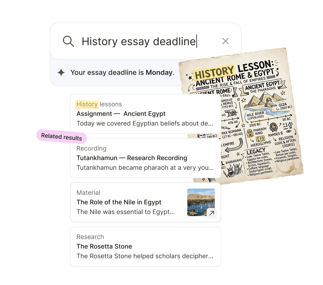 Evernote search results for an essay deadline across saved notes and web clips