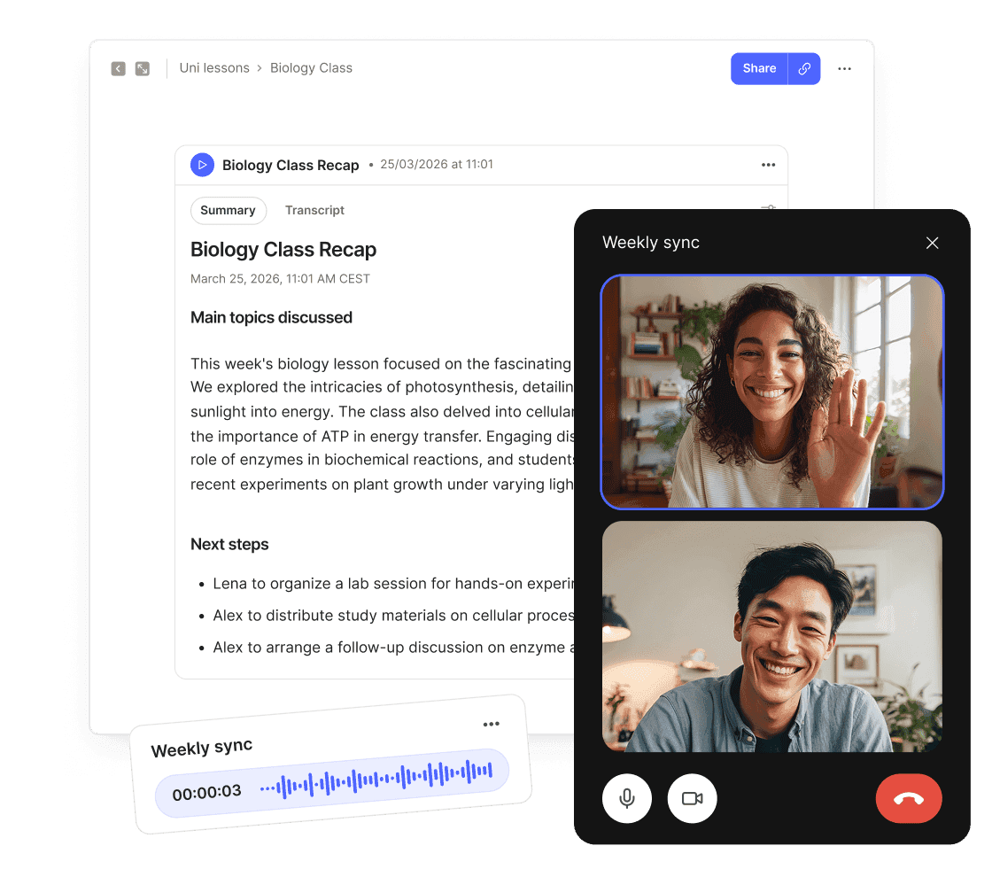 Evernote note editor with an AI meeting summary and a video call panel