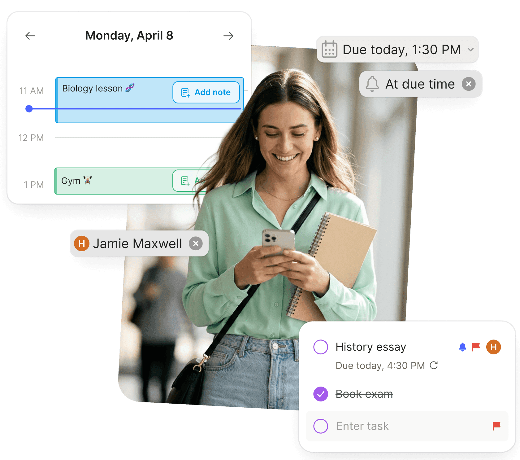 Evernote calendar with tasks and due dates next to a student planner photo